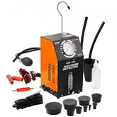 An orange and black automotive smoke leak detector with various hoses, cables, and rubber stoppers.