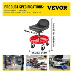 Rolling mechanics stool with adjustable height, plush cushion, and 5-inch casters.