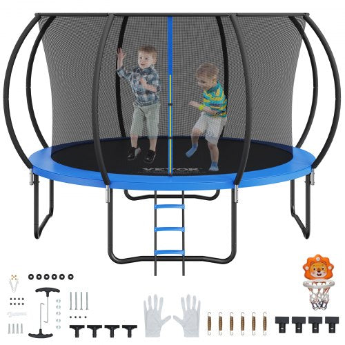 12ft heavy-duty trampoline with enclosure net, ladder, and two boys jumping on blue mat.