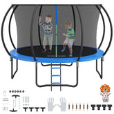 12ft heavy-duty trampoline with enclosure net, ladder, and two boys jumping on blue mat.