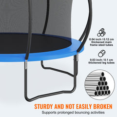 12ft heavy-duty trampoline with blue frame, black enclosure net, and steel support legs.