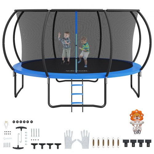 Bostome 14ft trampoline with enclosure net, ladder, and sturdy support for safe jumping.