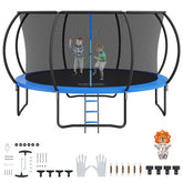 Bostome 14ft trampoline with enclosure net, ladder, and sturdy support for safe jumping.
