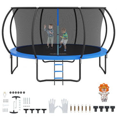 Bostome 14ft trampoline with enclosure net, ladder, and sturdy support for safe jumping.