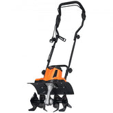 Electric tiller with 14" width, 3.94" depth, and lightweight design for easy maneuverability.