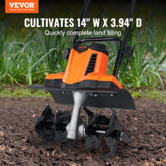 Bostome 10 Amp Electric Tiller with 14" width and 3.94" depth for efficient soil preparation.