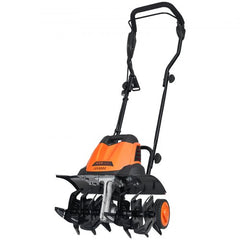 Bostome 12 Amp Electric Tiller with an 18" width and 3.94" depth for efficient soil preparation.