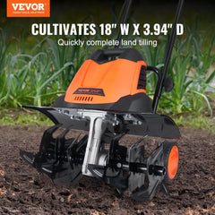 Bostome 12 Amp Electric Tiller with an 18" width and 3.94" depth for efficient soil preparation.