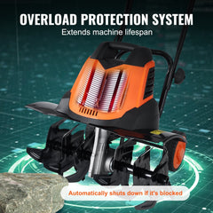 Bostome 12 Amp Electric Tiller with an 18" width and 3.94" depth for efficient soil preparation.