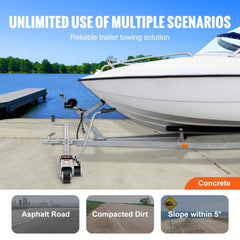 Electric trailer dolly with 350W motor and 8-inch wheel towing a white boat on concrete.