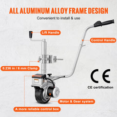 Electric trailer dolly with aluminum frame, 350W motor, lift handle, crank, clamp, and wheel.