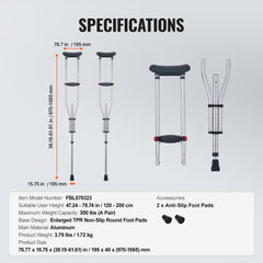 Bostome underarm crutches in aluminum alloy with 13-level height adjustment and soft grips.