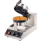 Silver Bostome commercial round waffle maker with open non-stick plates, rotatable design, and control knobs.