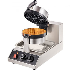 Silver Bostome commercial round waffle maker with open non-stick plates, rotatable design, and control knobs.