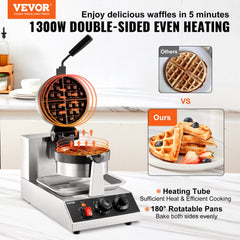 Stainless steel rotatable waffle maker with non-stick round plates and control knobs.