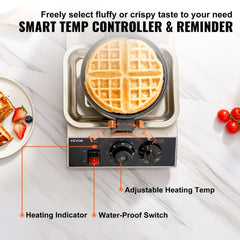 Bostome 1300W commercial round waffle maker with rotatable non-stick plates, adjustable temperature control, and heating indicator.