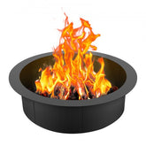 A black steel 36-inch round fire pit ring liner with flames and logs inside.