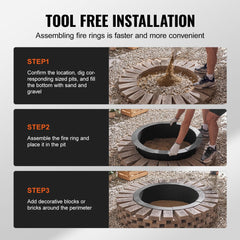 Black 40-inch round steel fire pit ring with a modular design for DIY campfire setups.