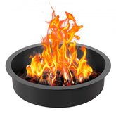 A 40-inch round black steel fire pit ring liner with flames burning inside.