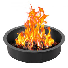 A 40-inch round black steel fire pit ring liner with flames burning inside.