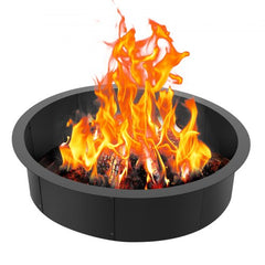 Black 45-inch round steel fire pit ring with a matte finish and easy assembly panels.