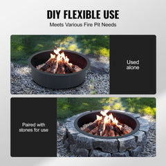 Black 45-inch round steel fire pit ring with nine panels for DIY assembly and customization.