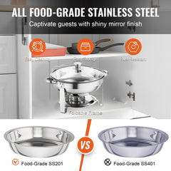 Two round 4Qt stainless steel chafing dishes with glass lids for food warming.