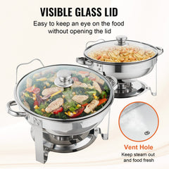 Round stainless steel chafing dish set with glass lids, each holding 4 quarts.