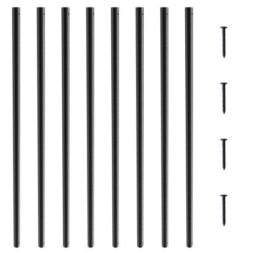 Eight matte black 32-inch round aluminum balusters with four black screws on a white background.
