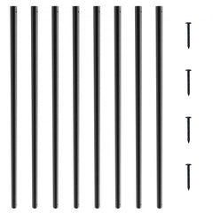 Eight matte black 32-inch round aluminum balusters with four black screws on a white background.