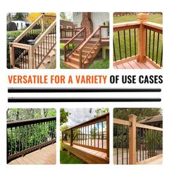 Collage of matte black aluminum balusters installed on various wooden decks and stairs.