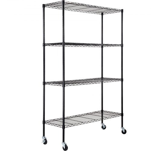 Black 4-tier heavy duty storage shelving unit with wheels and adjustable shelf heights.