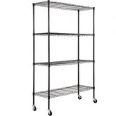 Black 4-tier heavy duty storage shelving unit with wheels and adjustable shelf heights.