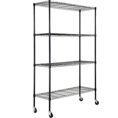 Black 4-tier heavy duty storage shelving unit with wheels and adjustable shelf heights.