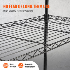 Black 4-tier heavy duty storage shelving unit on wheels with adjustable shelves and S-hooks.