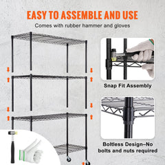 Black 4-tier heavy duty storage shelving unit with wheels and adjustable shelf heights.