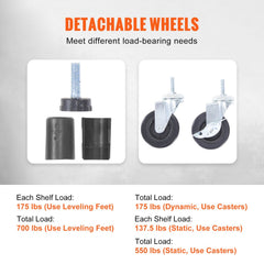 Black 4-tier heavy duty storage shelving unit with wheels and adjustable shelf heights.