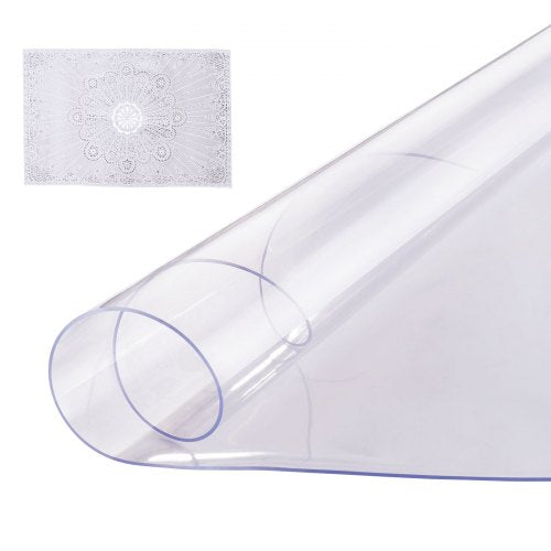 A 42-inch round clear PVC table protector, 2.0mm thick, shown flat and rolled.