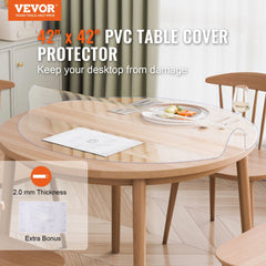 A clear, round 42-inch PVC table protector, 2.0mm thick, on a wooden dining table.