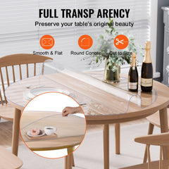 42-inch round clear PVC table protector, 2.0mm thick, on a wooden table.