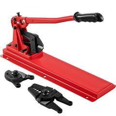 Red 24-inch bench swager tool with black crimping and cutting jaws for wire rope.