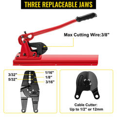 Red bench swager tool with three replaceable jaws for crimping and cutting 1/16"-3/16" wire rope.
