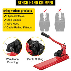 24-inch red bench swager tool with crimping and cutting jaws for 1/16"-3/16" wire rope.