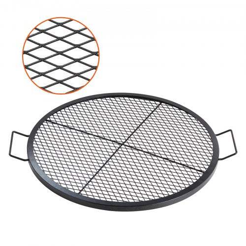 30-inch round heavy-duty steel grill grate with diamond mesh design for even cooking.