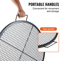 30-inch round heavy duty steel grill grate with diamond mesh design for campfire cooking.