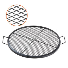 Heavy duty 30-inch round fire pit grill grate made of rust-proof steel with a diamond mesh design.