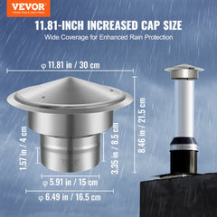 Silver 6-inch 304 stainless steel chimney rain cap with 11.81-inch wide coverage and dimensions.