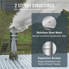 Silver 6-inch 304 stainless steel chimney rain cap with 11.81-inch frame, mesh sides, and expansion screw mounting.