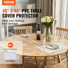 48-inch round clear PVC table protector, 1.5mm thick and waterproof, on a wooden table.