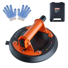 Orange 8-inch glass suction cup with steel handle, 615 lbs capacity, blue gloves, and black case.